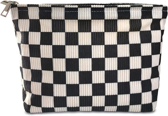STARDW Corduroy Checkered Makeup Bag Cute Cosmetic Bags for Women Girls, Travel Toiletry Bag Large Capacity Zipper Makeup Pouch, Purse Organizer Pouches