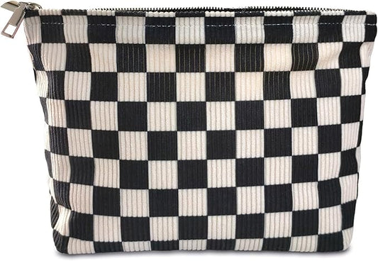 STARDW Corduroy Checkered Makeup Bag Cute Cosmetic Bags for Women Girls, Travel Toiletry Bag Large Capacity Zipper Makeup Pouch, Purse Organizer Pouches