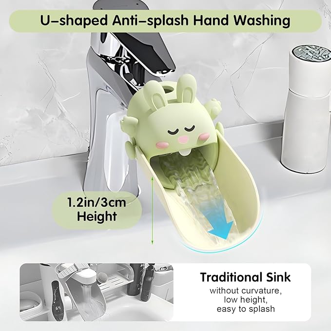 Faucet Extender Silicone Faucet Extender Temperature Sensitive for Toddlers Silicone Sink Extender Babies Kids Children (Green/Happy Rabbit)