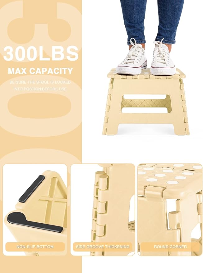 Dyforce Folding Step Stool 9 Inch, Kids Step Stool, Heavy Duty Step Stools for Adults, Compact Foot Stools, Light-Weight Toddler Step Stools for Kitchen, Bathroom, Holds Up to 300 lbs (Khaki)
