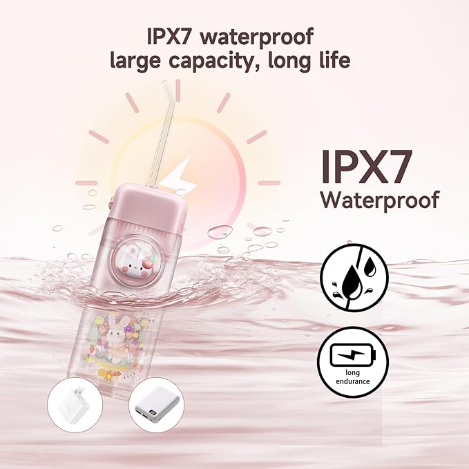 Kids Water Flosser,3 Modes Cordless Portable Water Teeth Cleaner,4 Replaceable Nozzles,IPX7 Waterproof Oral Irrigator Rechargeable,Professional Flossing Cleaning Picks for Home Travel (Pink)