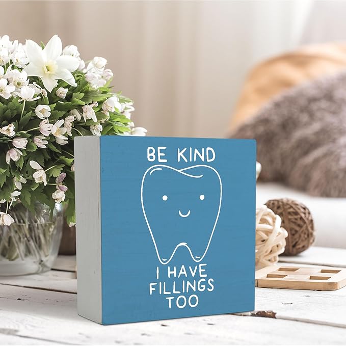 Dental Decor Wooden Signs,Blue Dental Hygienist Wooden Box Sign,Funny Dentist For Home Office Shelf Table Decor 5x5 Inches,Dental School Gift, Dentist Gifts