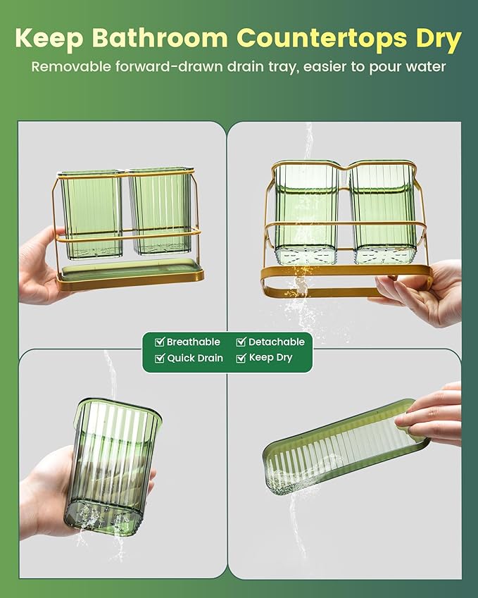 KONE Green Toothbrush Holders for Bathrooms, 2 Cups Toothbrush Holders Wall Mounted, Dry & Wet Separation, Bathroom Organizers and Storage, Bathroom Toothbrush Holder Set for Family Kids