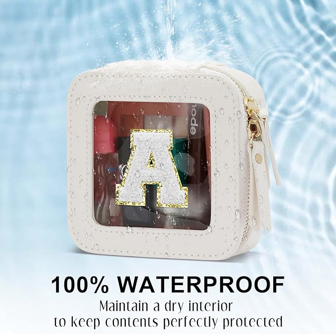 Initial Travel Toiletry Bag - Cosmetic Bags for Girls with Zipper, Clear & Potable Girls Makeup Bag for Travel, Small Cosmetic Pouch Perfect Gifts for Graduation (Beige, A)