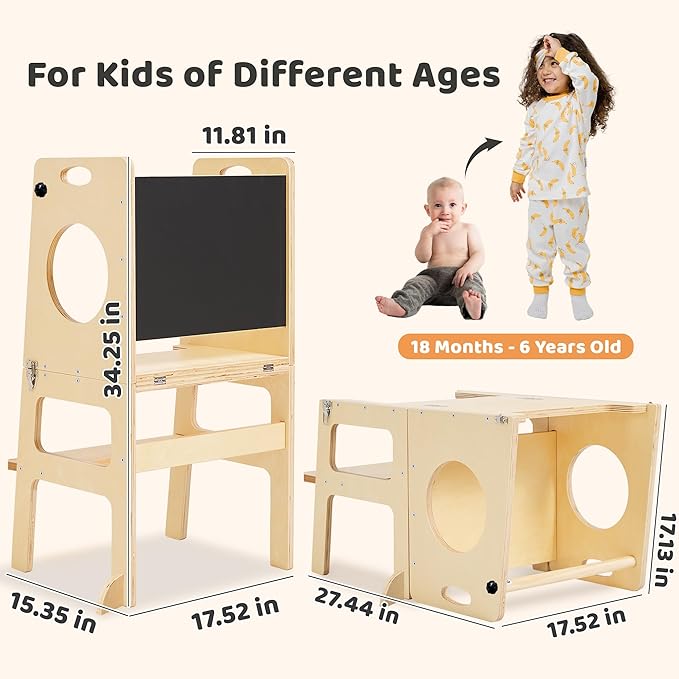 Toddler Tower Step Stool for Kids Kitchen Stool Helper Toddler Standing Tower Foldable Children Table Kids Table and Chair Set Montessori Helper Tower Natural