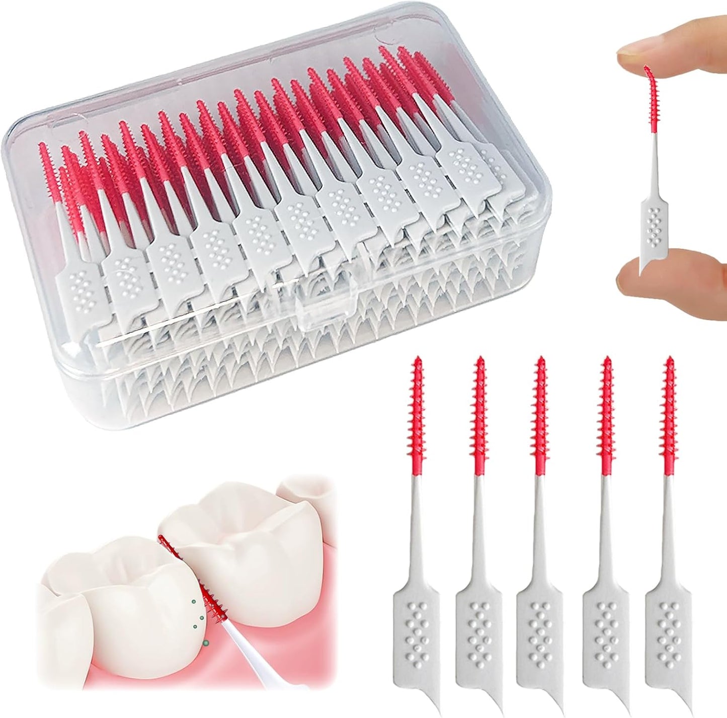 Dental Floss Picks Soft Silicone interdental Brush, Braces Brush, Floss Picks for Teeth, Disposable interdental Brush, Suitable for Cleaning Teeth Health(Red, 160pcs)