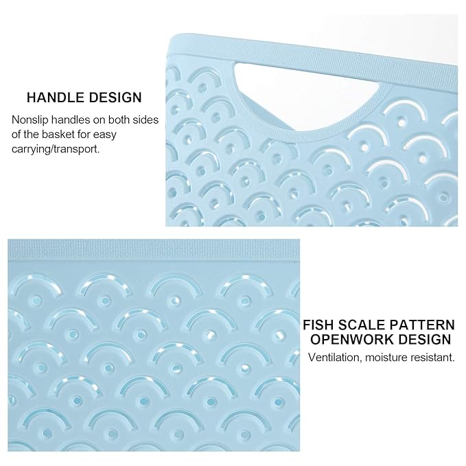 STARVAST 5 Pack Plastic Storage Baskets, Portable Blue Fish Scale Pattern Hollow Desktop Storage Bin Box with Handle for Kitchen, Bathroom, Kids Room or Nursery Storage – 9.4 x 7.1 x 4.1 inches