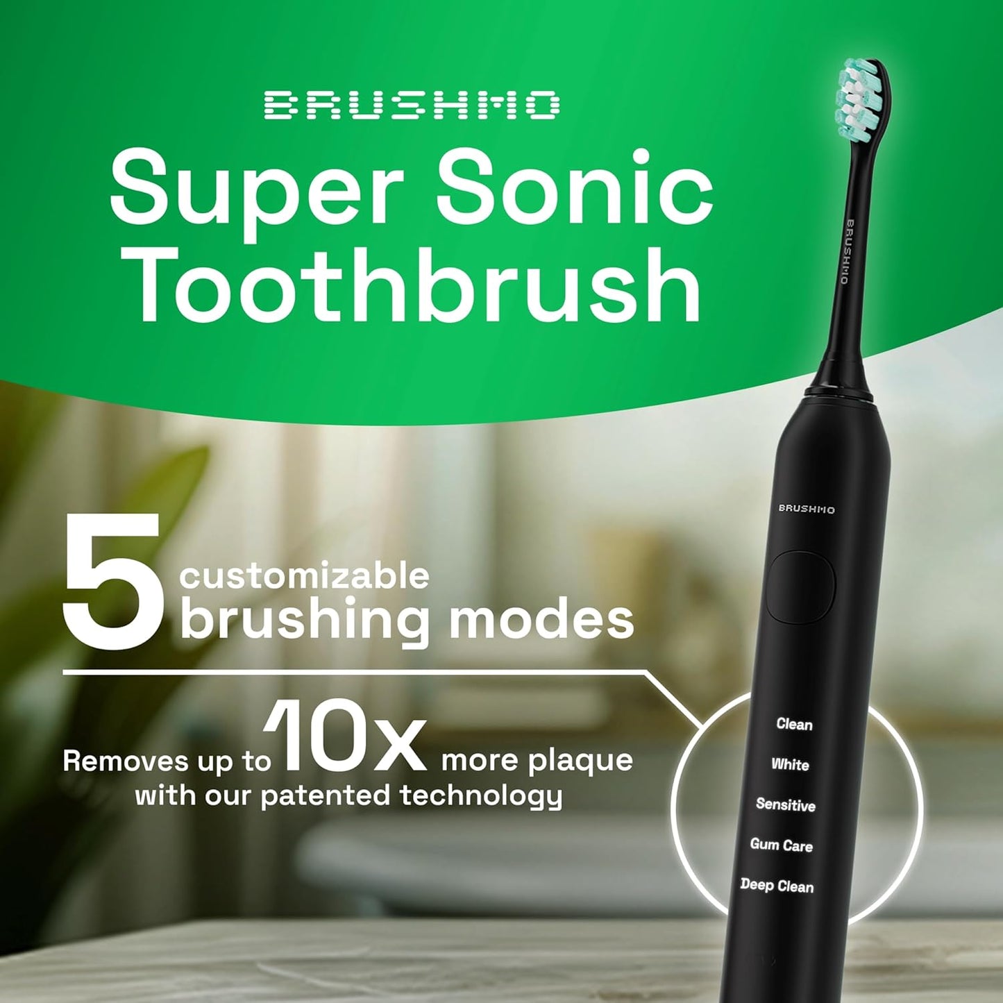 Brushmo Super Sonic Electric Toothbrush with 4 Replacement Heads - Rechargeable Electronic Tooth Brush for Adults with 5 Customizable Modes - IPX7 Waterproof & Long-Lasting Battery - Black