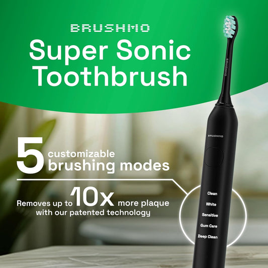 Brushmo Super Sonic Electric Toothbrush with 4 Replacement Heads - Rechargeable Electronic Tooth Brush for Adults with 5 Customizable Modes - IPX7 Waterproof & Long-Lasting Battery - Black