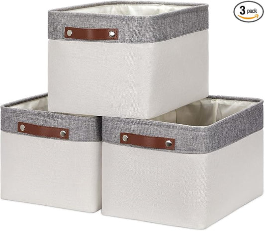 HNZIGE Large Storage Baskets for Shelves(3 Pack) Fabric Storage Toy Baskets with Handles, Decorative Foldable Storage Bins for Organizing (Gray&White-Leather Handles, 15"x11"x9.5")