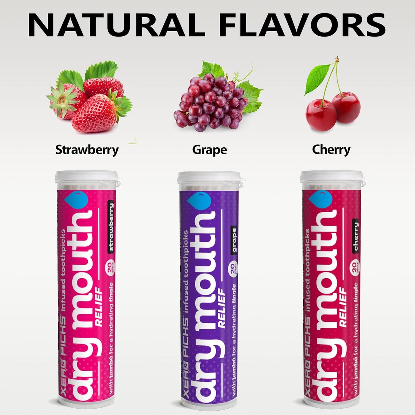 Xero Picks Dry Mouth - Flavor Infused Toothpicks for Long-Lasting Fresh Breath and Dry Mouth Prevention - 60 Picks - 3 Pack - Fruit Variety - Strawberry, Cherry, Grape