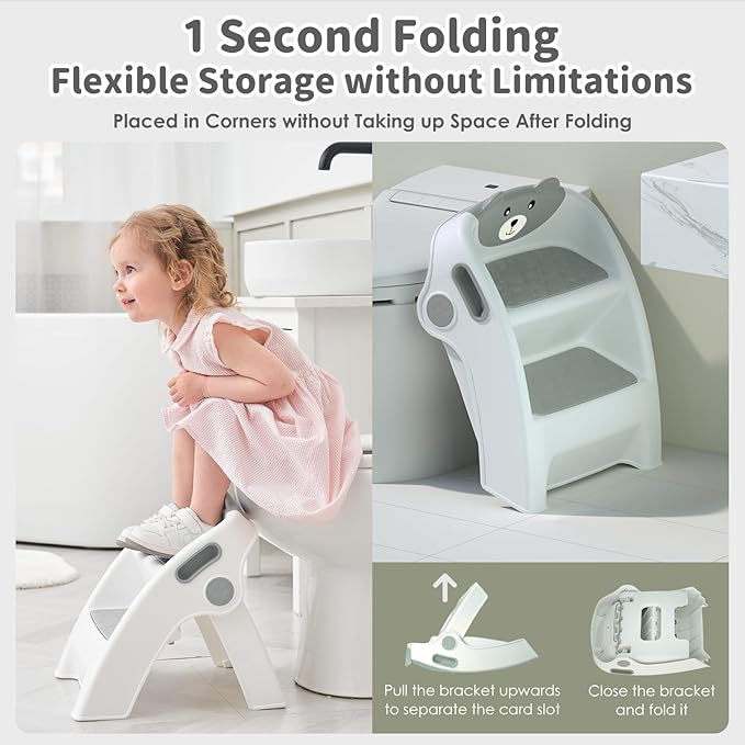 Toddler Step Stool Foldable 2 Step Stool for Kids Collapsible Stool Anti-Slip Stepping Stool for Bathroom Sink Potty Toilet Toddler Kitchen Helper (Grey)