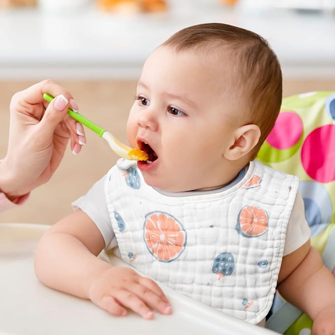 Zainpe 6Pcs Snap Muslin Cotton Baby Bibs Strawberry Lemon Avocado Pattern Infants Feeding Bib Adjustable Machine Washable Unisex Burp Cloths with 6 Absorbent & Soft Layers for Drooling and Teething