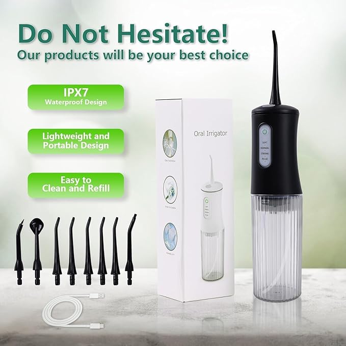 Cordless Water Flosser for Teeth Cleaning Pick - Electric Dental Irrigator with 4 Cleaning Modes & 8 Jet Tips, IPX7 Waterproof, Portable Rechargeable Design for Home & Travel Use,Black