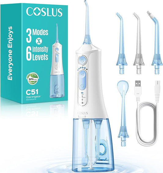 COSLUS Portable Water Flosser for Teeth: 3 Modes & 6 Pressure Settings with Jet Mode Water Dental Pick for Orthodontic, Braces, Sensitive Gums, Compact for Travel, 300ML for Multiple Users, White C51