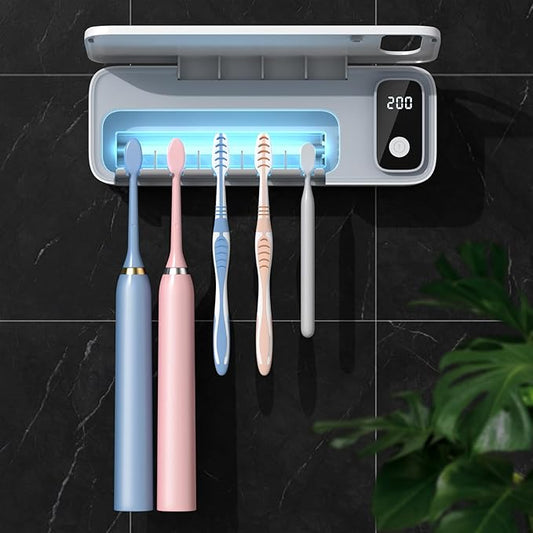 StarWin Toothbrush Cleaner, 5 Slots Wall Mounted Toothbrush Holder for Bathroom, Timer Function, Cordless & No Drilling