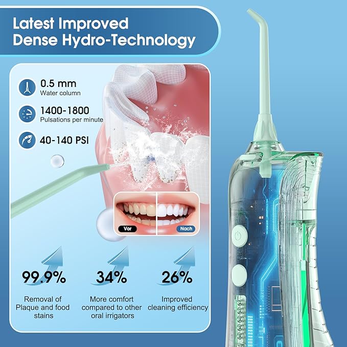 Leominor Water Dental Flosser - 5 Modes Cordless Portable Oral Irrigator, IPX7 Waterproof, Rechargeable Teeth Cleaner Upgrade Datchable Tank Professional Flossing Cleaning Pick for Home Travel(Green)
