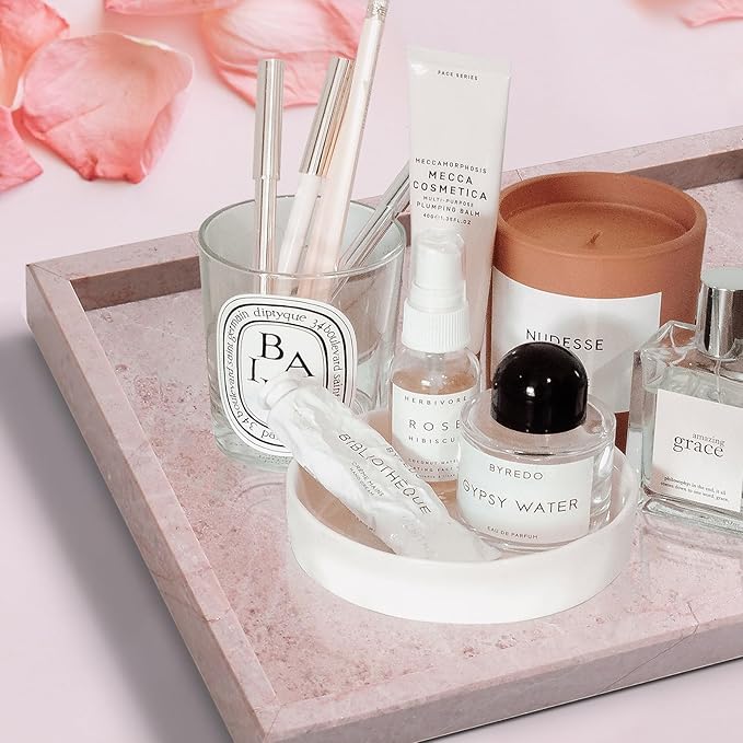 Yew & Tulip Natural Pink Marble Vanity Tray, Nature Rose Cream Marble Serving Tray for Bathroom, Kitchen, Vanity, Home Decor, Wedding etc. (12" x 8" x 1.2")