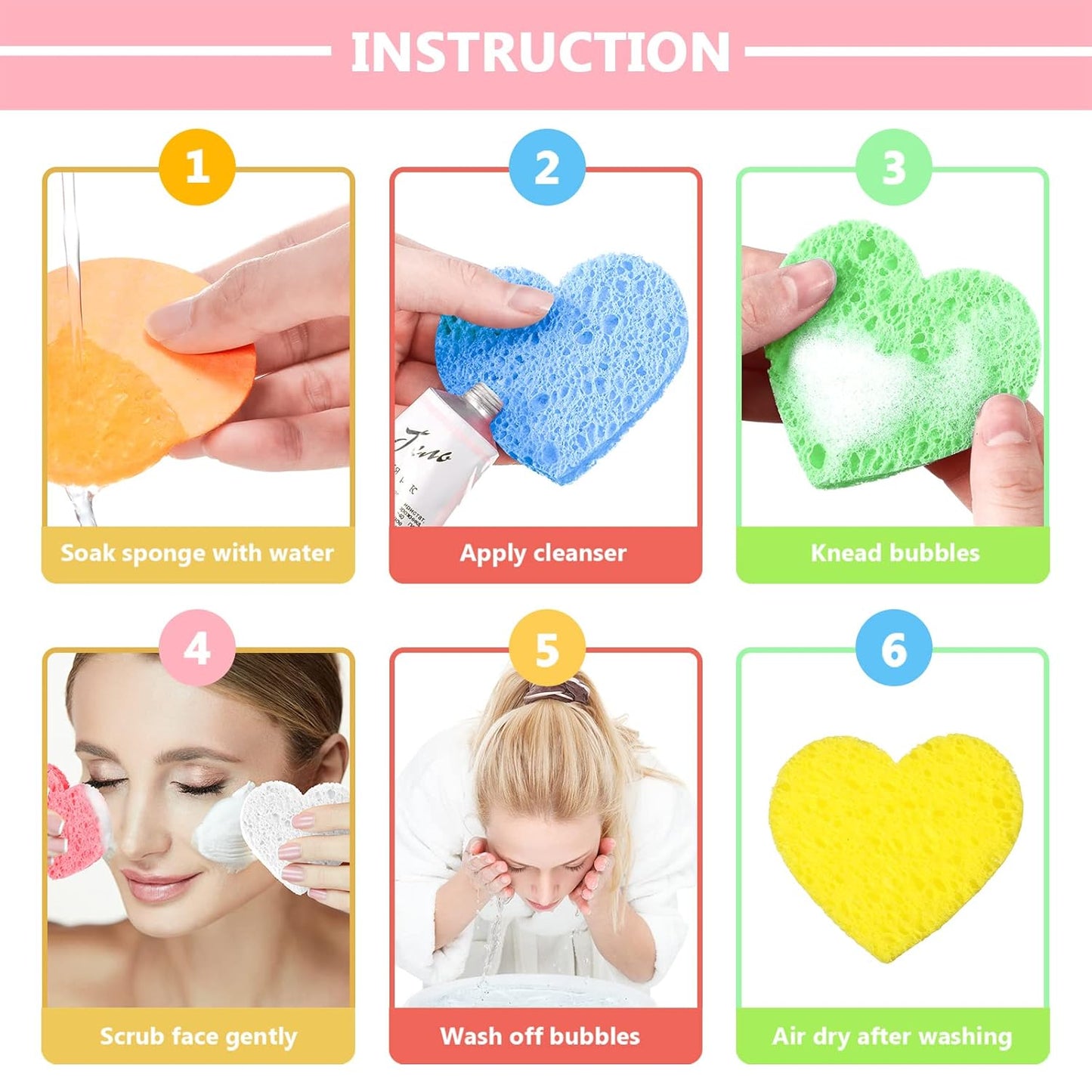 Nuenen 60 Pieces Facial Sponges with Container, Heart Shape Compressed Face Sponges Natural Cleaning Pads for Washing Face Cleaning Exfoliating Esthetician Makeup Removal(Multi Colors)