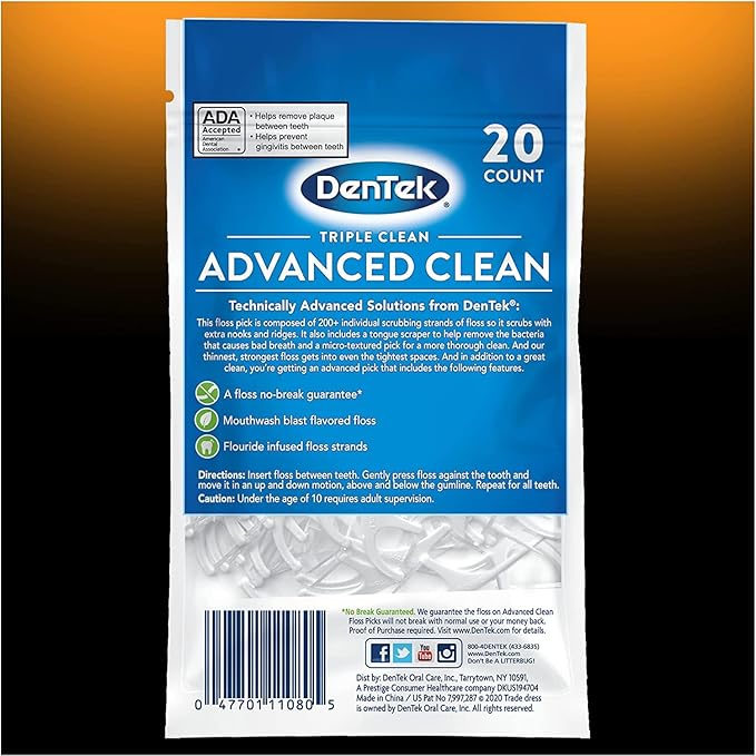DenTek Triple Clean Advanced Clean Floss Picks, No Break & No Shred Floss, 20 Count (Pack of 2)