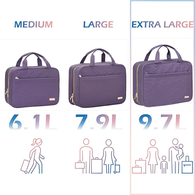 NISHEL Travel Toiletry Bag for women, Portable Hanging Organizer for Family-Sized Shampoo, Conditioner, Brushes Set, Makeup Accessories, Extra Large Size, Purple