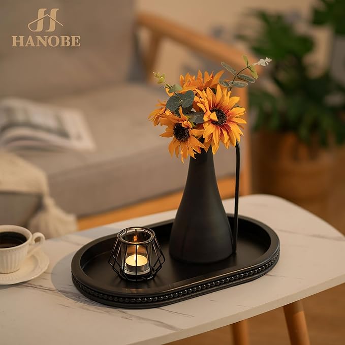 Hanobe Decorative Trays for Coffee Table : Black Oval Centerpiece Tray Wood for Farmhouse Entry Table Decor Round Bathroom Tray for Living Room Kitchen Counter