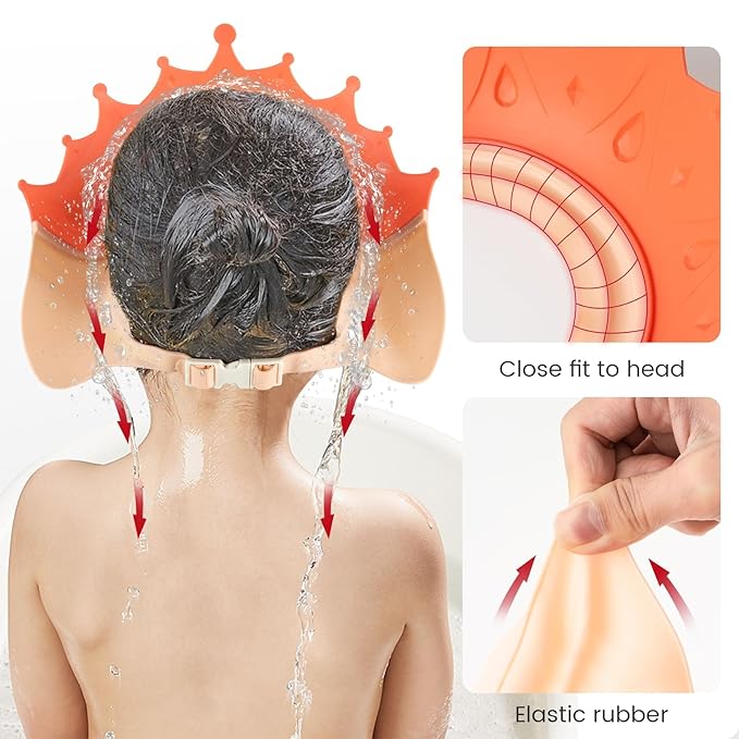 FUNUPUP Kids Shower Cap, 2 Pack Adjustable Toddler Hair Washing Bathing Cap Shield Visor Shampoo Cap Protect Baby Eyes (Crown, Pink and Yellow)