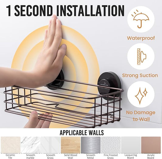 LEVERLOC Shower Caddy Suction Cup, 2 Pack Shelves for Inside with Hooks and Soap Holder, NO-Drilling Bathroom Holder, Rustproof Meatl Bathroom Organizer, Brown