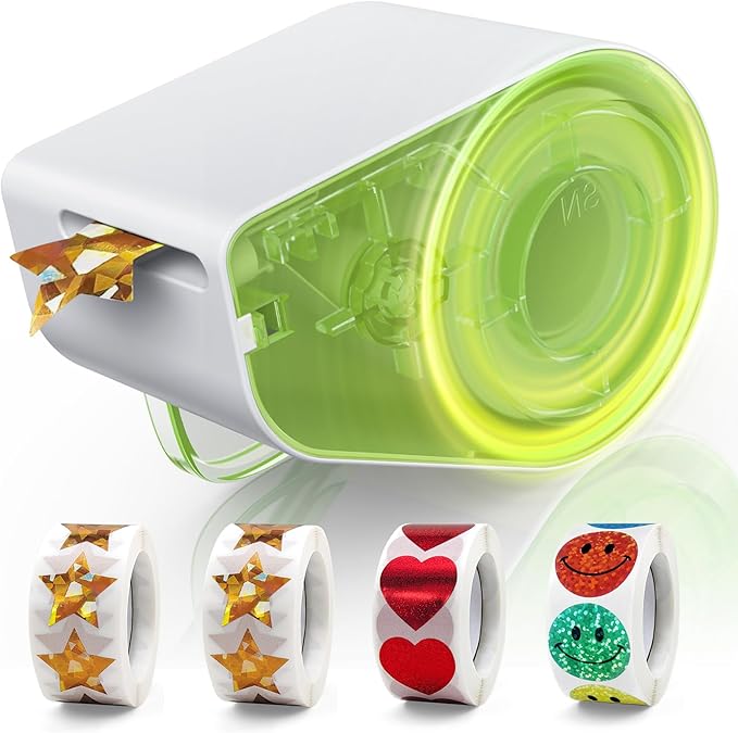 Manual Sticker Dispenser for Rolls of Stickers with 1520Pcs 1Inch Gold Star,Red Heart,Smiley Face Stickers for Kids Reward,Behavior Chart,School Classroom Student Teacher Supplies Gifts(Green)