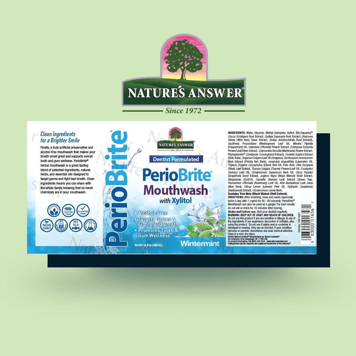 Nature's Answer Periobrite Winter Mint Mouthwash | Promotes Healthy Teeth & Gums| Fights Bad Breath | Fluoride-Free, Alcohol-Free, Gluten-Free & Vegan| No Artificial Preservatives 16oz