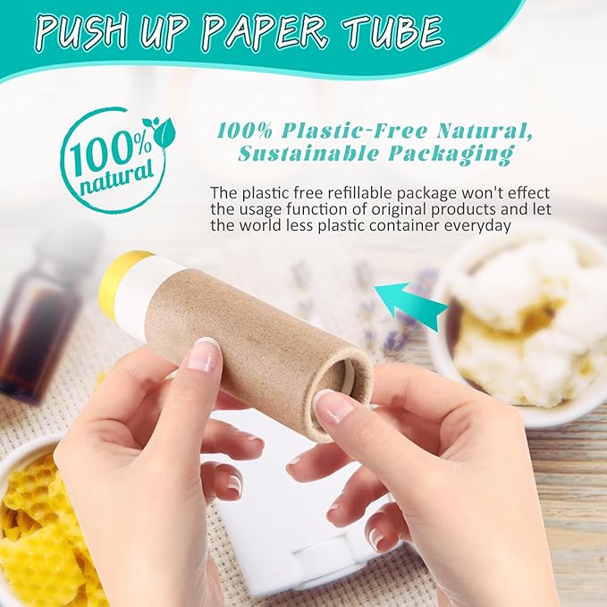 50 Pcs 0.3 oz Paperboard Lip Balm Tube,Empty Kraft Paper Chapstick Tube Holder,Push-Up Style Biodegradable Solid Perfume Lip Gloss Container for Lip Balm,Natural Compostable Container - Brown