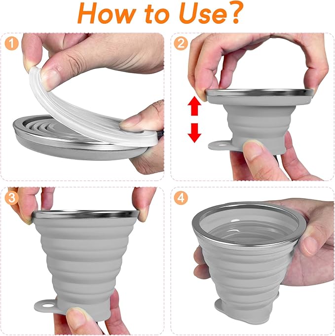 Collapsible Cups for Traveling - Portable Silicone Collapsible Cup with Lid, Reusable Collapsible Cups Drinking for Outdoor Hiking, Picnic, Fishing or Home Use (9.22oz) -4 Pack