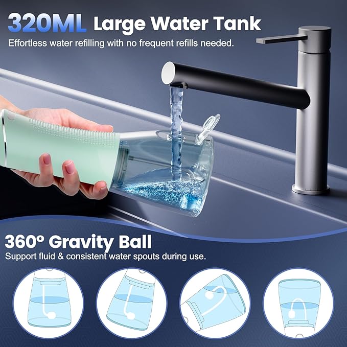 Water Flosser for Teeth Cleaning and Flossing, 5 Modes Rechargeable Cordless Oral Irrigator 320ml Water Tank Teeth Cleaner, IPX7 Waterproof Portable Electric Dentel Flossers for Home and Travel,Green