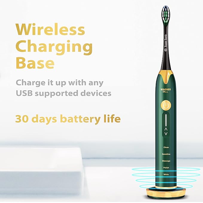 Wagner Stern Ultrasonic whitening Toothbrush with Pressure Sensor. 5 Brushing Modes and 4 Levels of Intensity, 8 Soft bristles, Travel case.