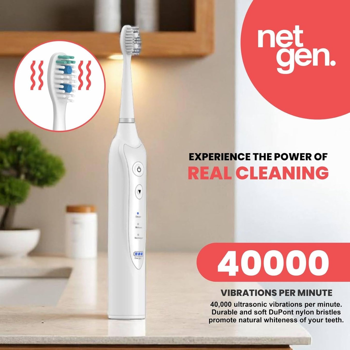 Sonic Electric Toothbrush for Adults with 5 Toothbrush Replacement Heads, 3 Brushing Modes & 2 Minutes Built-in Timer, Travel Toothbrushes with Inductive Charging, Rechargeable toothbrush | White