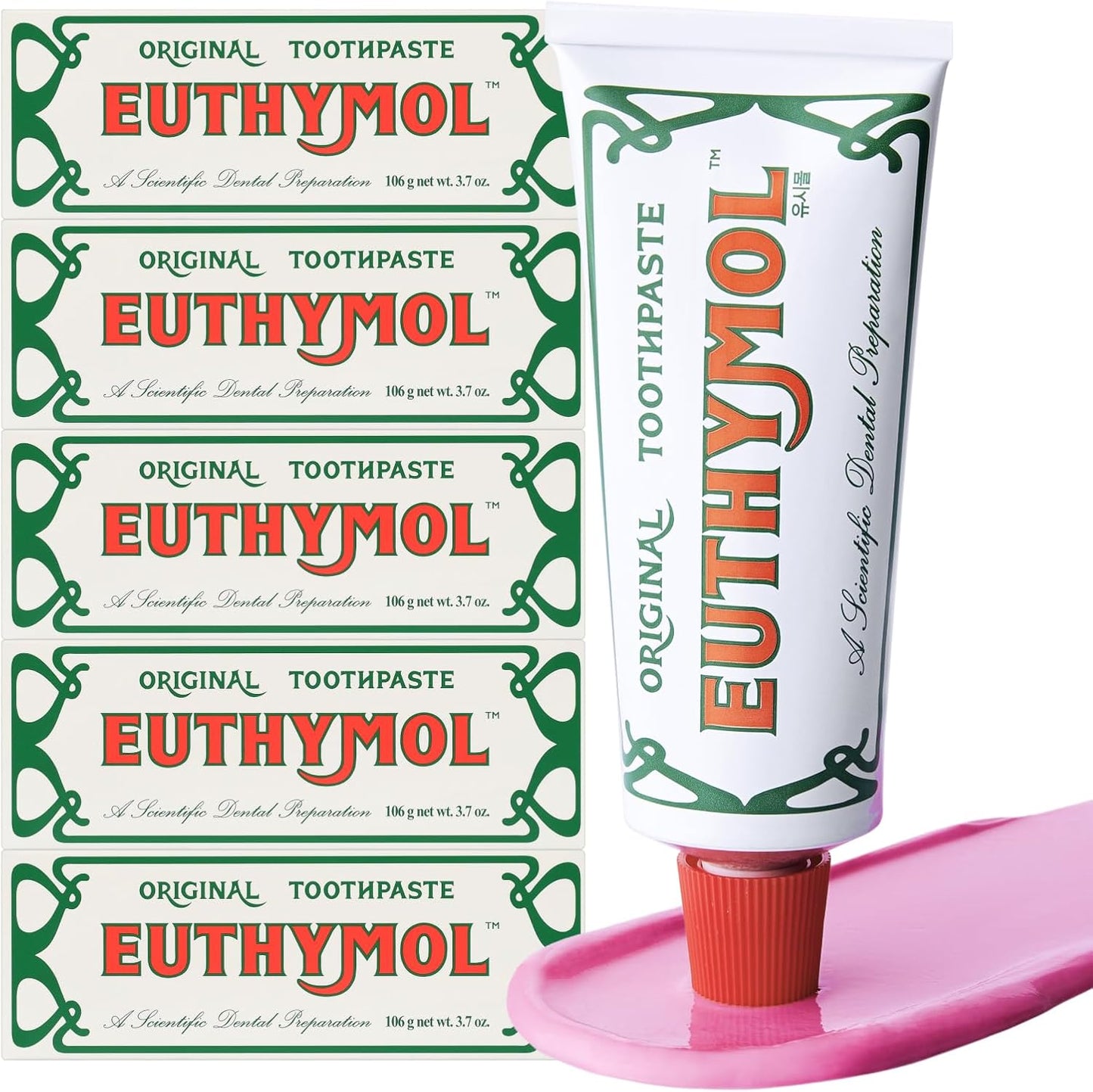 EUTHYMOL Original Toothpaste (3.7fl oz*5, Pack of 5) - Fluoride-Free Toothpaste for Sensitive Teeth & Gum. Bad Breath, Cavity Prevention, 12-Hour Long Lasting Freshness with Wintergreen