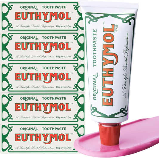 EUTHYMOL Original Toothpaste (3.7fl oz*5, Pack of 5) - Fluoride-Free Toothpaste for Sensitive Teeth & Gum. Bad Breath, Cavity Prevention, 12-Hour Long Lasting Freshness with Wintergreen