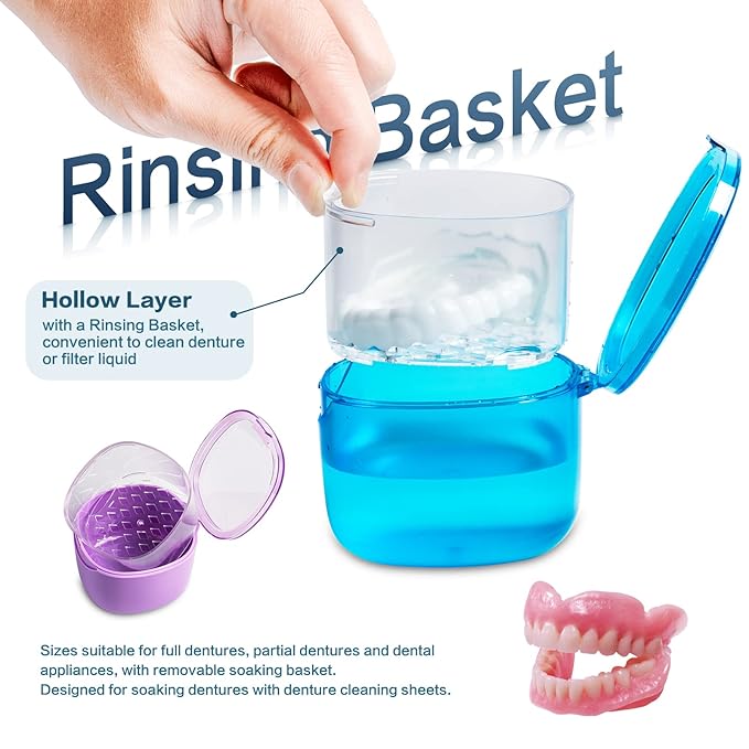 Upgraded Denture Bath Box Cup, No-Leak Denture case, Retainer Cleaning Box, Complete Clean Care for Dentures, Clear Braces, Mouth Guard, Night Guard & Retainers (purple)