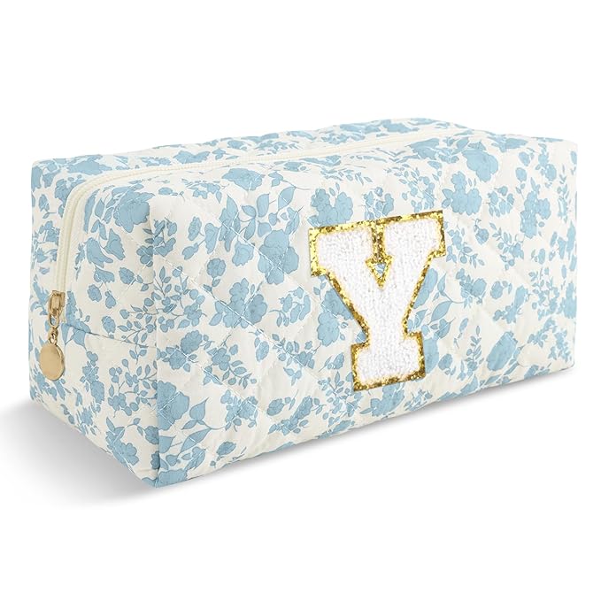 Personalized Quilted Cosmetic Bag, Puffy Monogrammed Christmas Birthday Gifts for Women & Girls, Cute initial Floral Makeup Bag Puffer Coquette Bag, Aesthetic Travel Toiletry Zipper Pouch(Blue,Y)