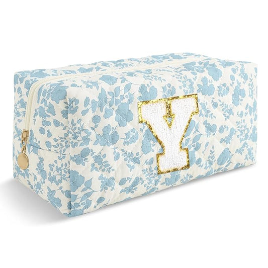 Personalized Quilted Cosmetic Bag, Puffy Monogrammed Christmas Birthday Gifts for Women & Girls, Cute initial Floral Makeup Bag Puffer Coquette Bag, Aesthetic Travel Toiletry Zipper Pouch(Blue,Y)