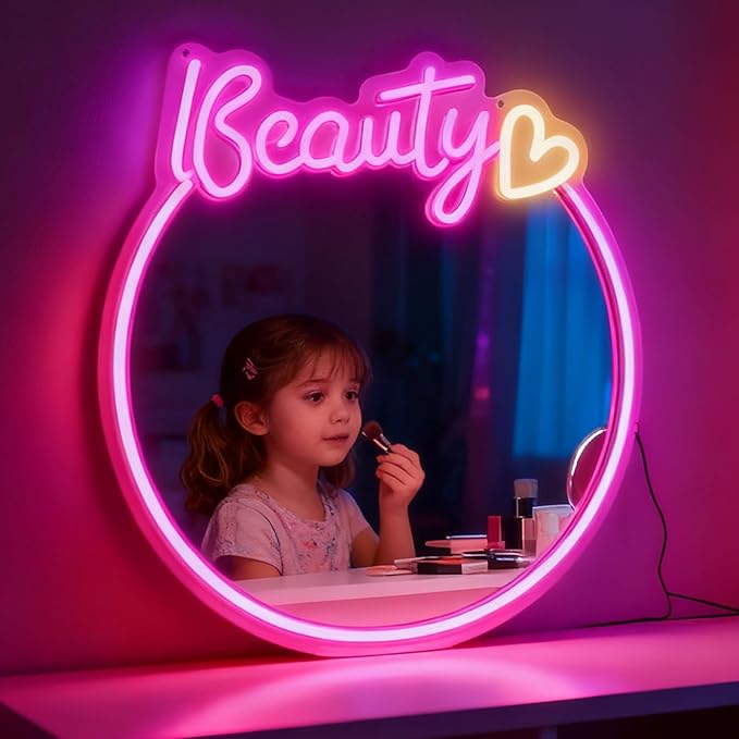 Pink Beauty Neon Sign Mirror, Dimmable Acrylic Circle Wall Decor with USB Power, Shatterproof Vanity Mirror for Girls Teens Room, Christmas Birthday Gift