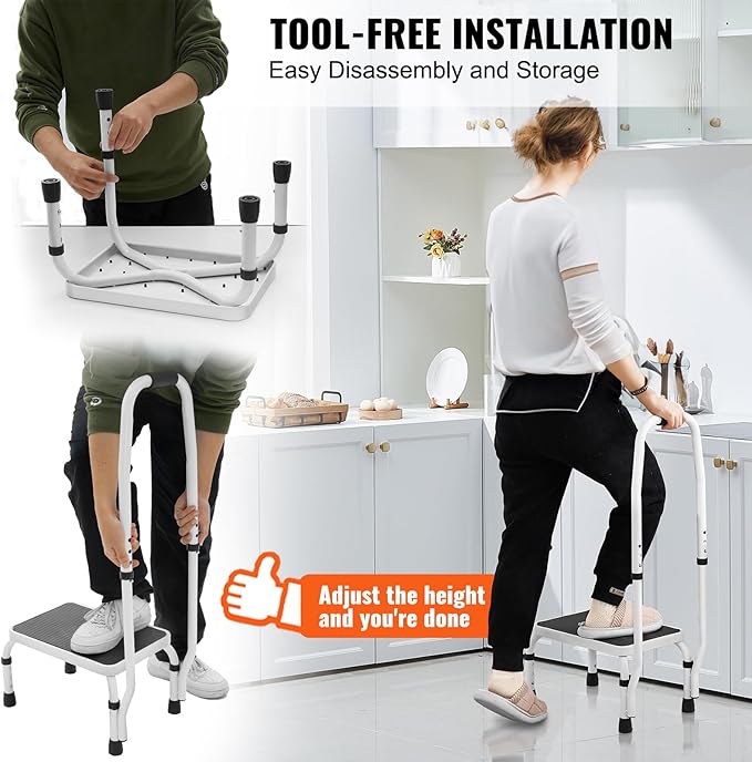 VEVOR Step Stool 1-Step 330lbs Capacity, 3 Adjustable Height with Handle Steel Step Ladder, Portable Toddler Step Stools for Adults, Non-Slip Sturdy Step Ladders for Office, RVs, Pets