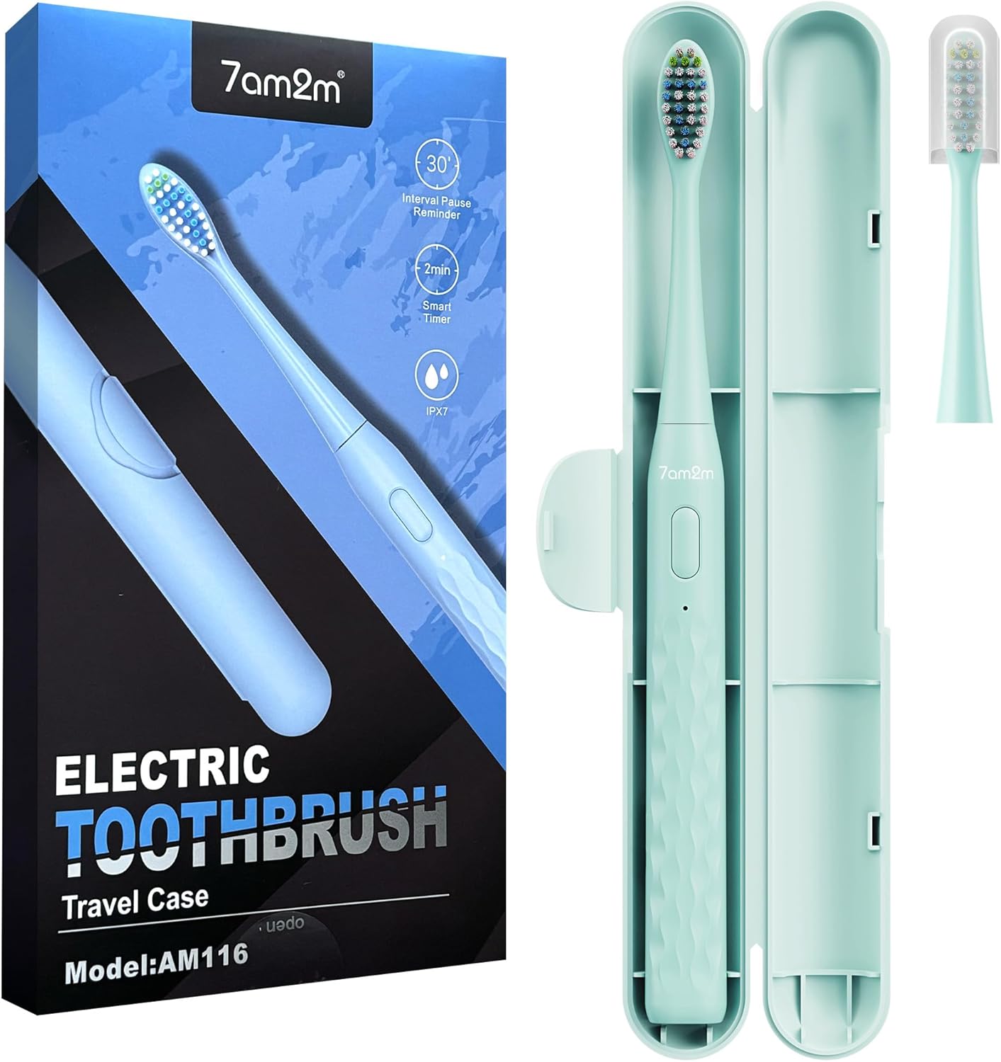 7AM2M Sonic Electric Toothbrush for Adults & Kids, with Travel Case&2 Brush Heads, 1 Charge for 90 Days, Type-C Rechargeable Sonic Toothbrush, Compact Design for Daily/Travel Use - Mint
