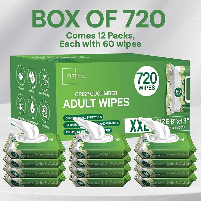 Adult Wipes Extra Large Scented - Skin-Friendly Incontinence Wet Wipes for Adults & Elderly No-Rinse Disposable Washcloths - 8x13" 12 Packs of 60 (720 Wipes)
