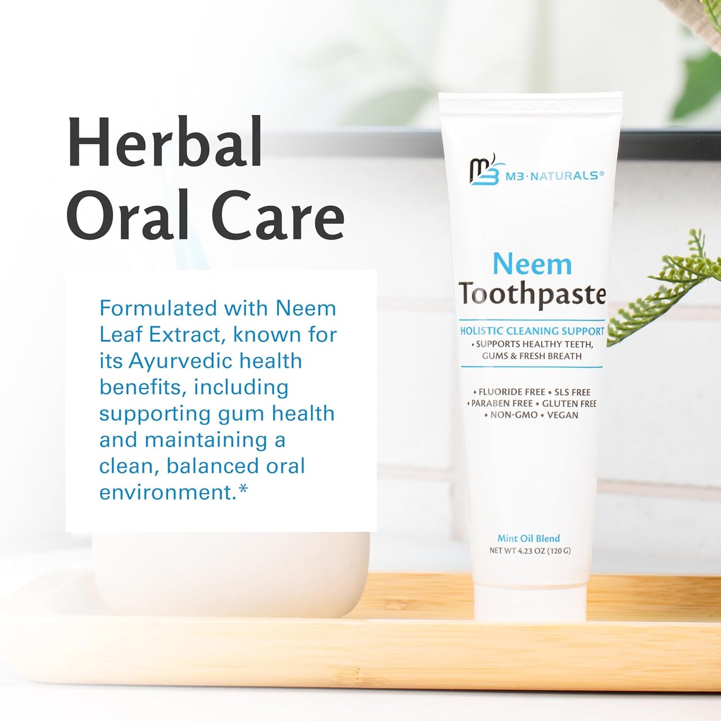 Fluoride-Free Neem Toothpaste with Mint for Adults & Kids with Sensitivity | Vegan, Gluten & SLS Free Herbal Formula for Sensitive Teeth, Healthy Gums and Fresh Breath, 4.23 oz (120 g) Pack of 2 by M3