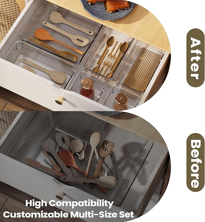 15 PCS Clear Plastic Drawer Organizer Set, 4 Sizes Acrylic Drawer Storage Trays Non Slip Storage Bins for Makeup, Jewelry, Gadgets for Kitchen, Bedroom, Bathroom, Office