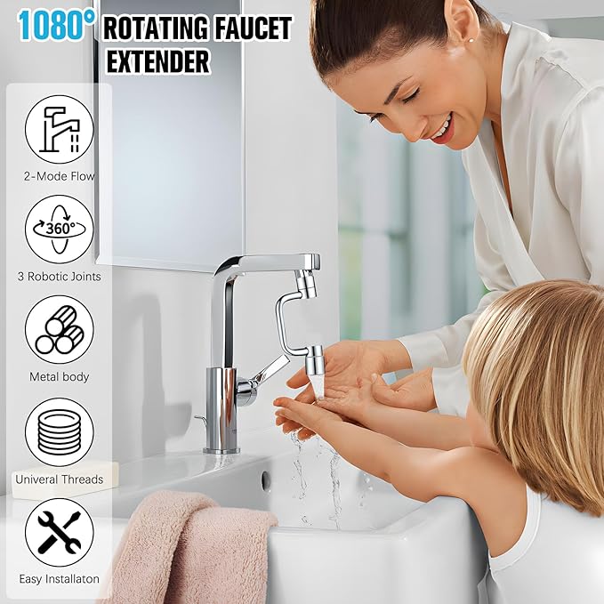 Universal Sink Faucet 1440° Rotatable Faucet Aerator Extension, U Shaped Faucet Extender for Toddlers 2 Modes Adjustable, Flexiflow 1080° Rotating Faucet Extender for Bathroom Sink/Kitchen(Silver)