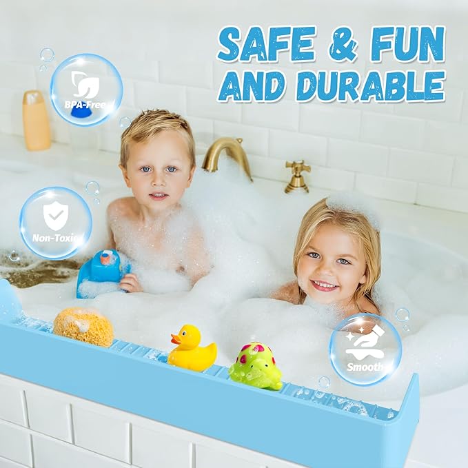 Splash Guard for Bathtub Kids - Silicone Bathtub Splash Guard with 11 Suction Cups, Bath Tub Play Shelf for Kids & Toy Holder, Prevent Water Spill in Bathroom, Fun Bath Time for Toddlers Baby, Blue