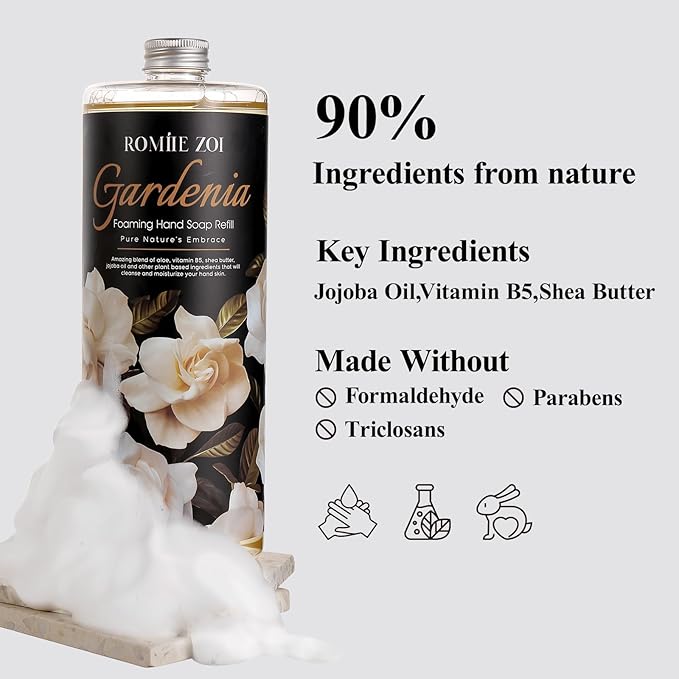 ROMIIE ZOI Hand Soap Refills Foaming, Gardenia Scent Natural Plant Moisturizing Foam Soap Refills with Dispenser 1 L/ 33.8 FL OZ(Pack of 3)