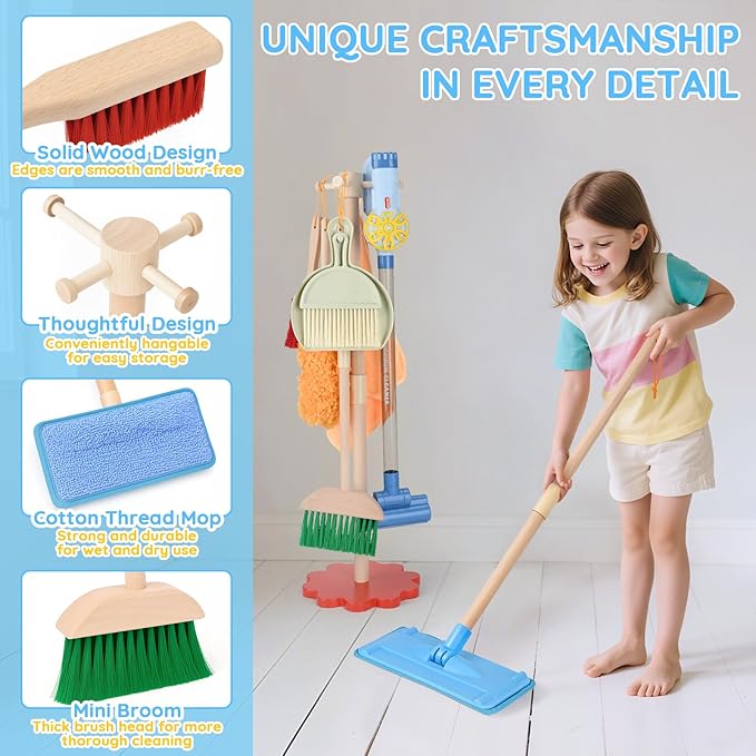 Dreamon Wooden Toddler Cleaning Set - 11Pcs Kids Cleaning Toy Set with 3-in-1 Kids Vacuum That Really Works, Montessori Cleaning Toys with Broom and Mop Set for Toddlers Girls Boys Age 3-6